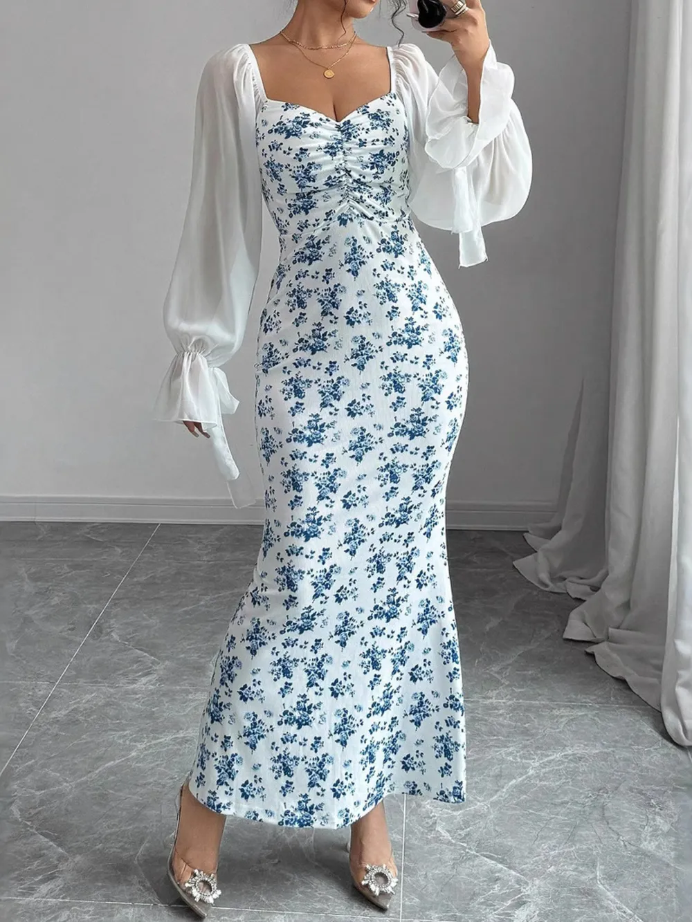 Floral Print Sweetheart Neckline Maxi Dress, image 5