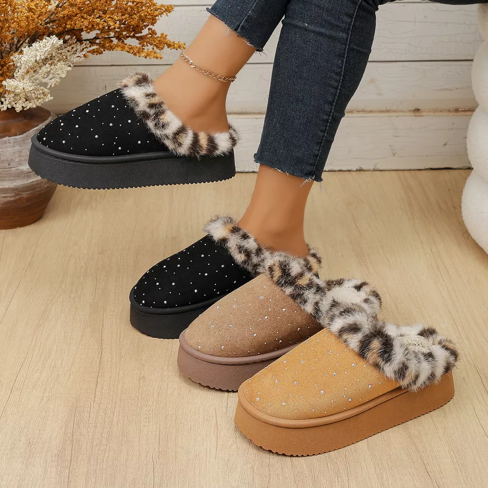 Rhinestone Faux Fur Platform Slippers, image 2