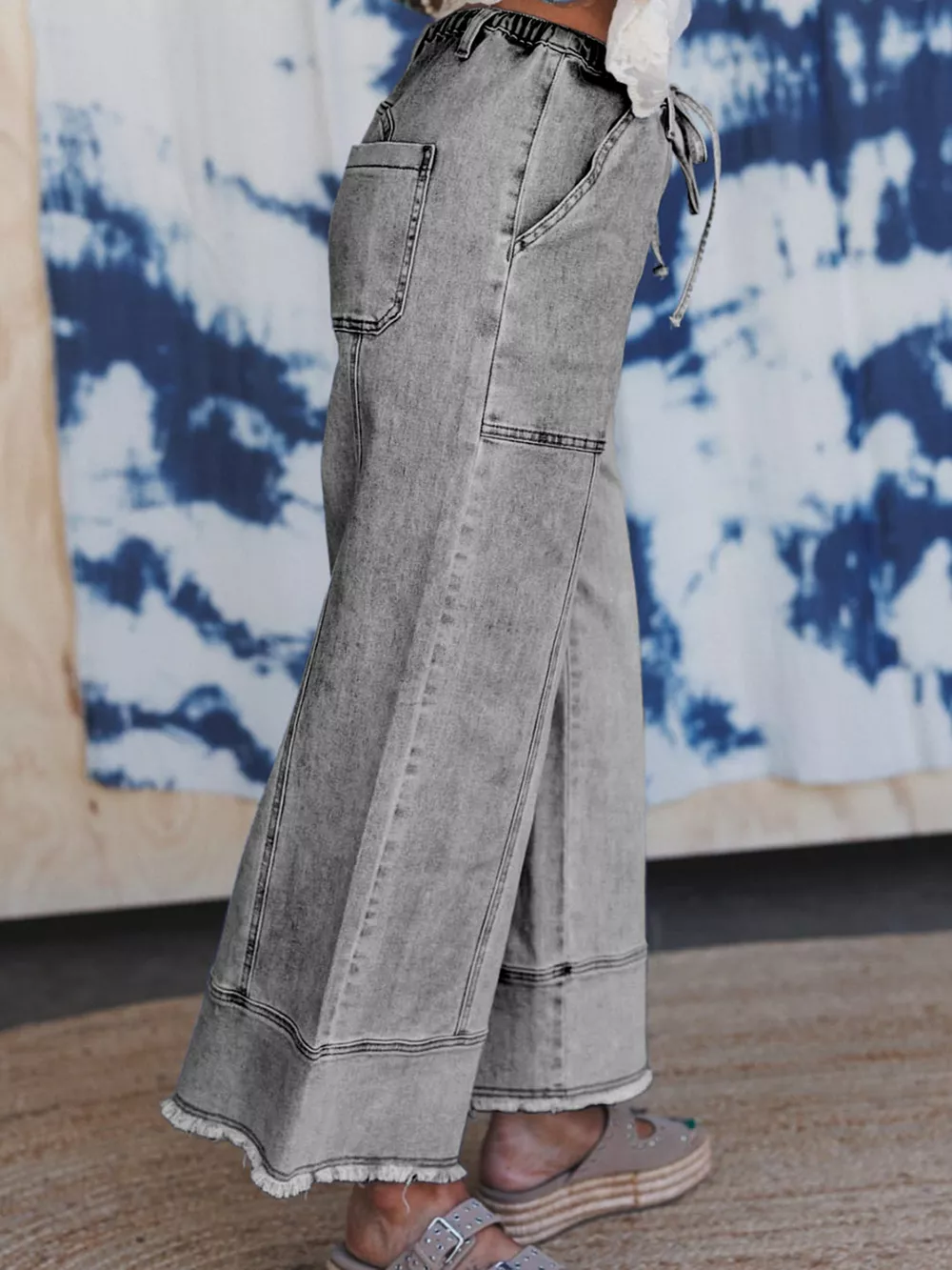 Wide Leg Drawstring Raw Hem Jeans, image 10