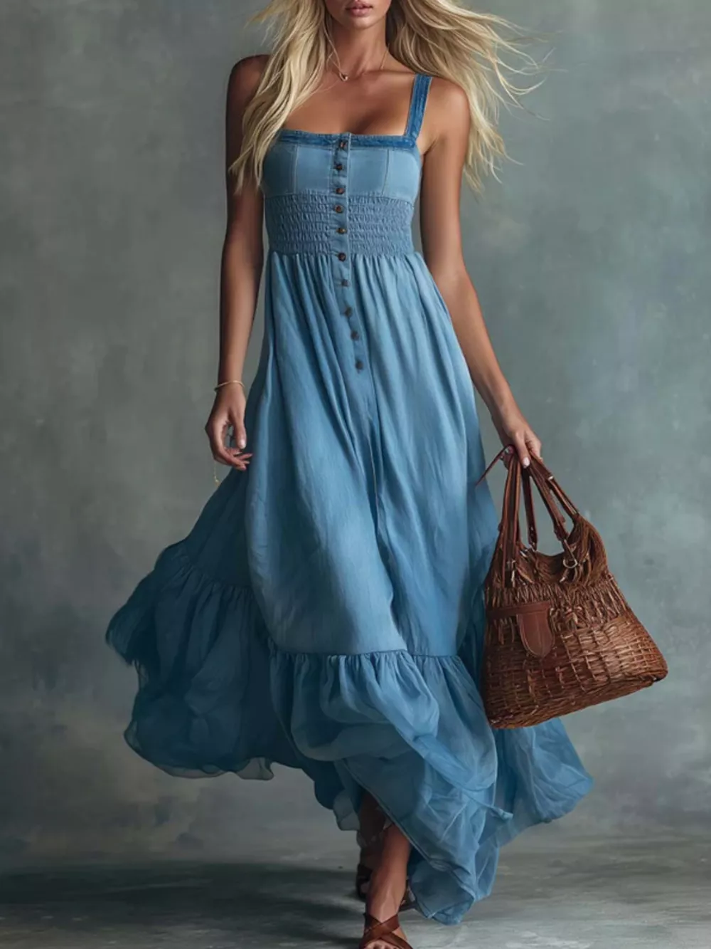 Smocked Button Front Denim Maxi Dress