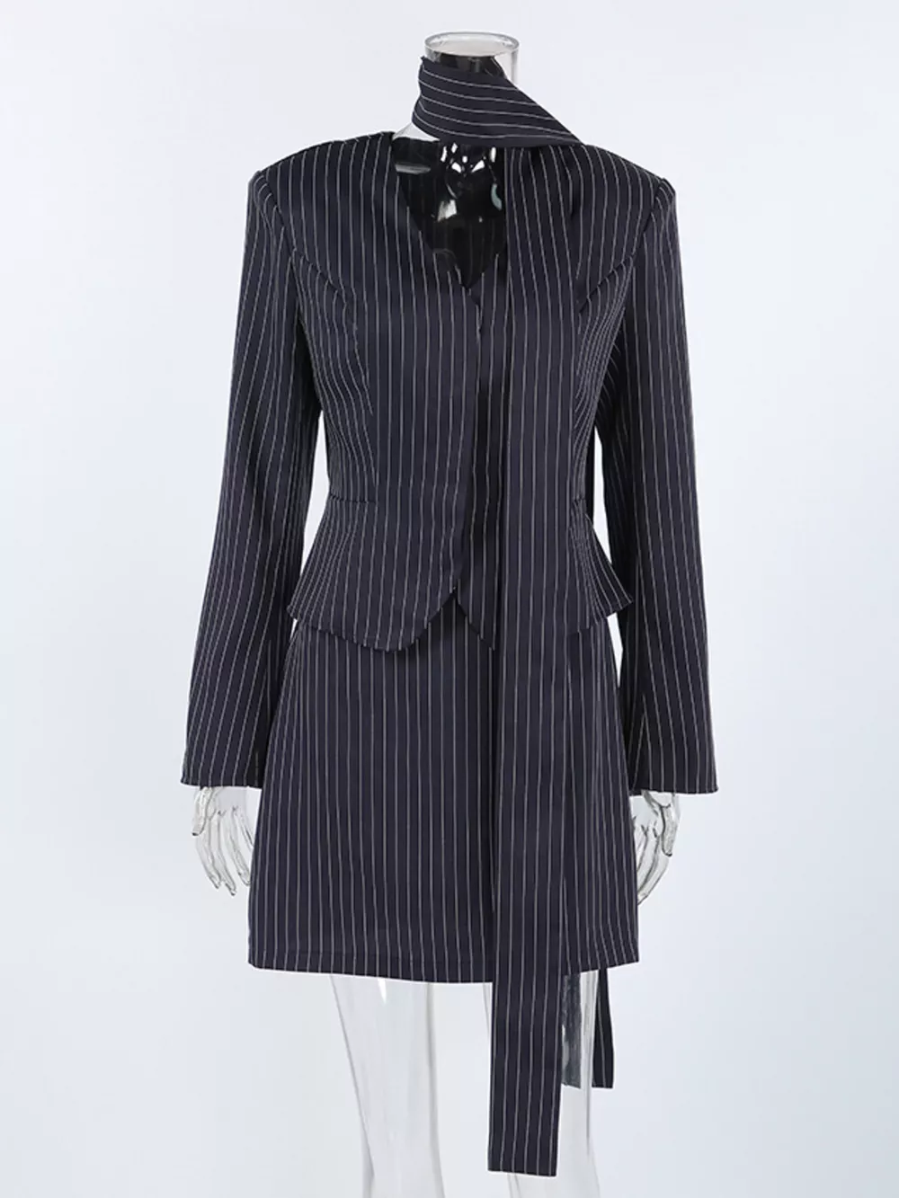 Striped Blazer and Mini Skirt Set with Scarf Detail, image 7