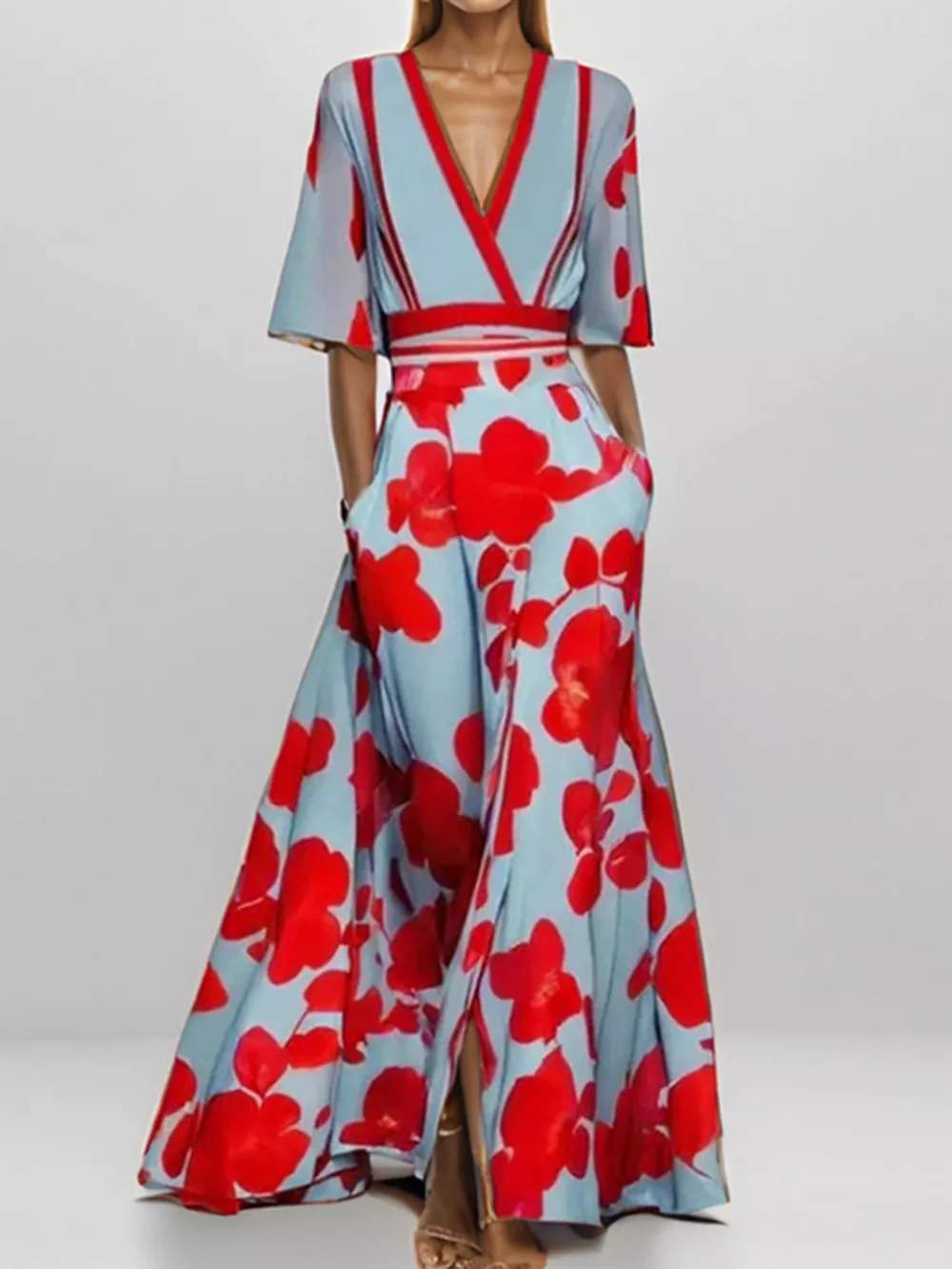 Floral Print Half Sleeve Maxi Dress with Pockets