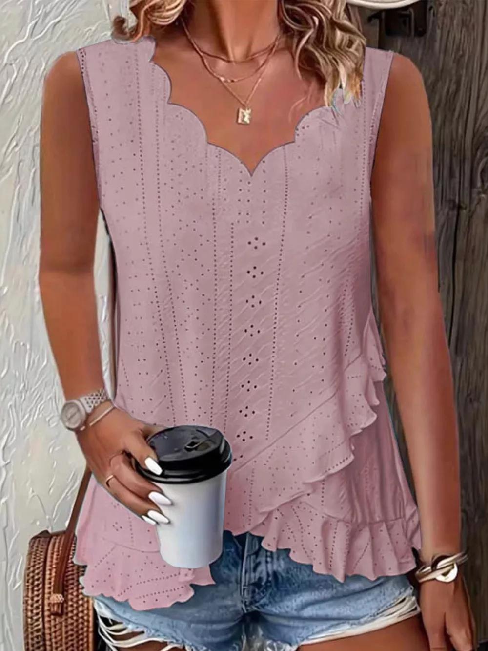 V-Neck Eyelet Ruffled Tank Top, image 5
