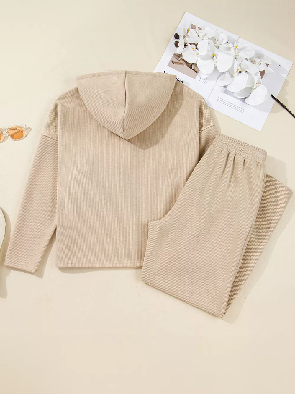 Lace Drawstring Hoodie and High Waist Pants Set, image 7