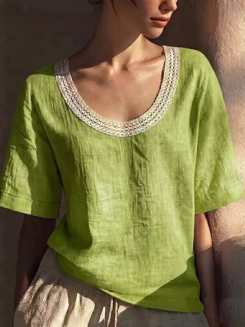 Full Size Lace Trim Short Sleeve Blouse Plus Size, image 3