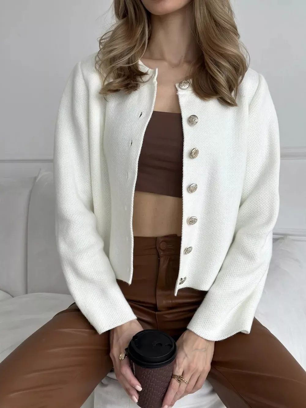 Crew-Neck Button Down Cardigan, image 2