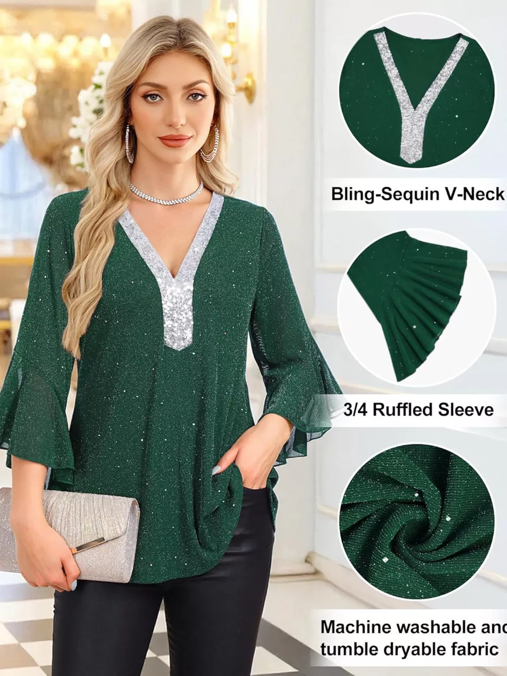 Sequin V-Neck Flounce Sleeve Blouse, image 19