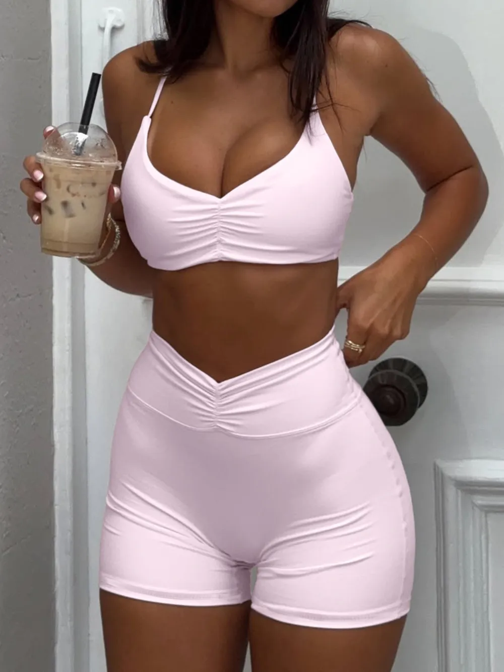 Ruched Sports Bra and High-Waisted Shorts Active Set