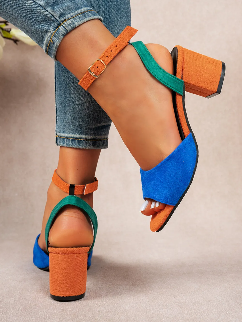 Colorblock Chunky Heel Ankle Strap Sandals, image 2