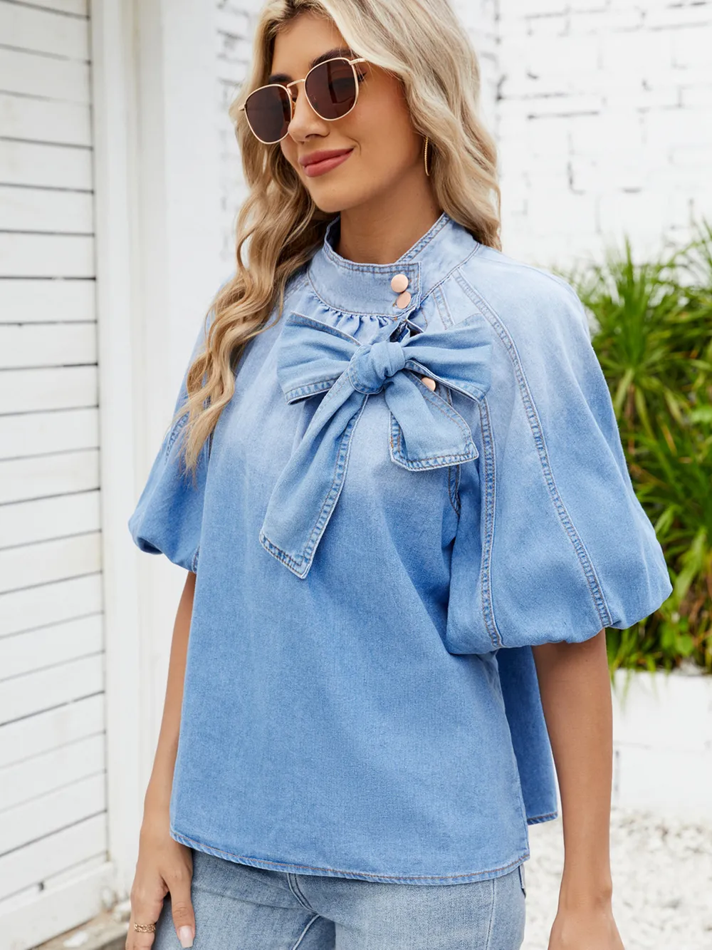 Denim Bow Tie Puff Sleeve Top, image 6