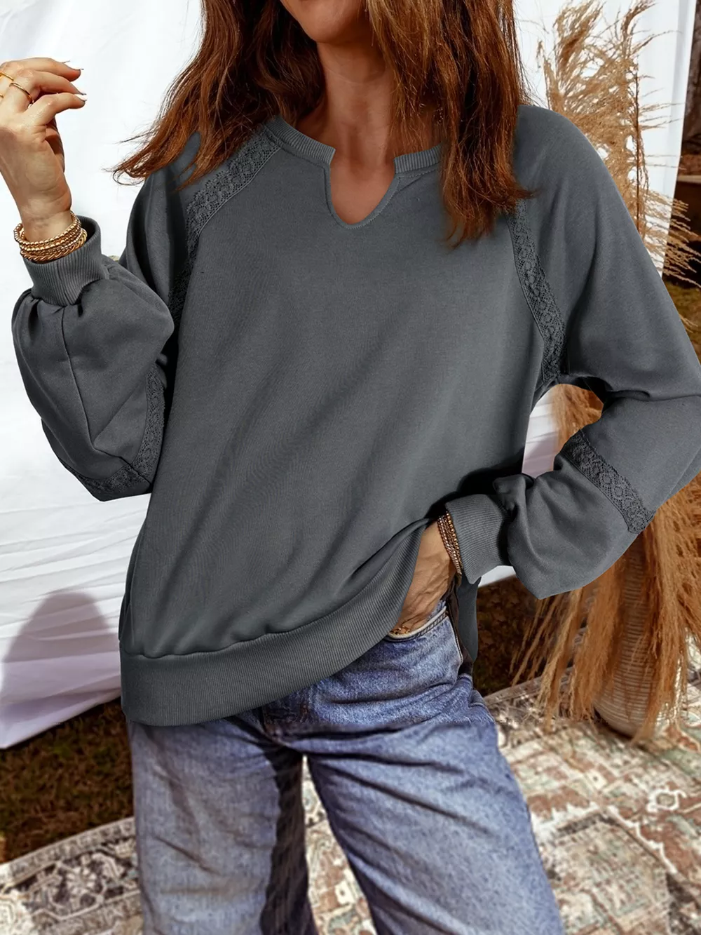Lace Patchwork Detail Notched Mineral Wash Sweatshirt, image 3