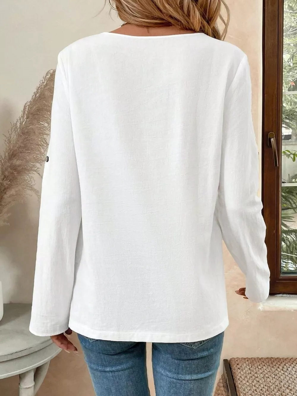 Asymmetrical Hem Solid Color Linen Blouse, image 2