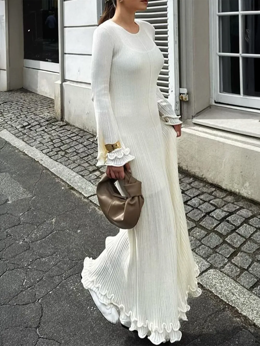 Ribbed Long Sleeve Dress with Ruffle Hem, image 3