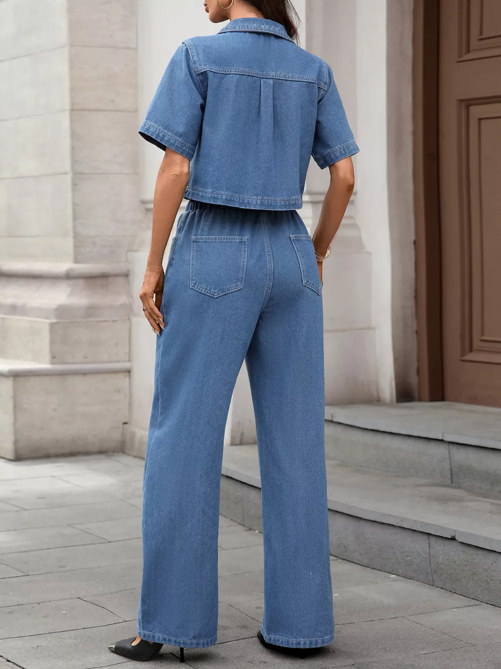 Short Sleeve Top and Drawstring Pants Denim Set, image 5