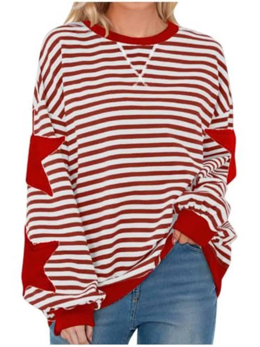 Full Size Star Patch Striped Oversized Sweatshirt Plus Size, image 19