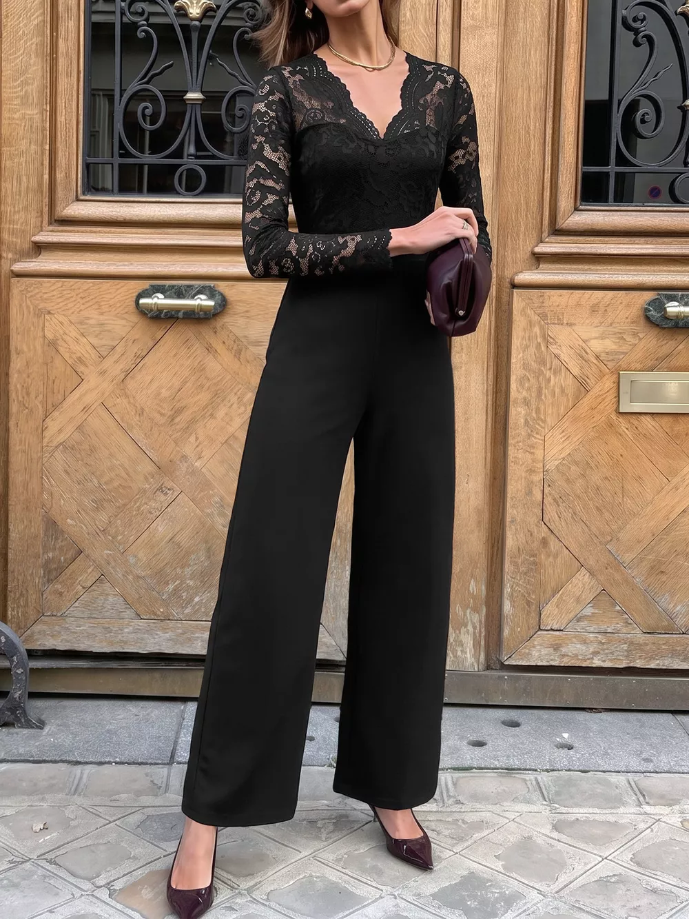 Lace Long Sleeve Wide-Leg Jumpsuit, image 3