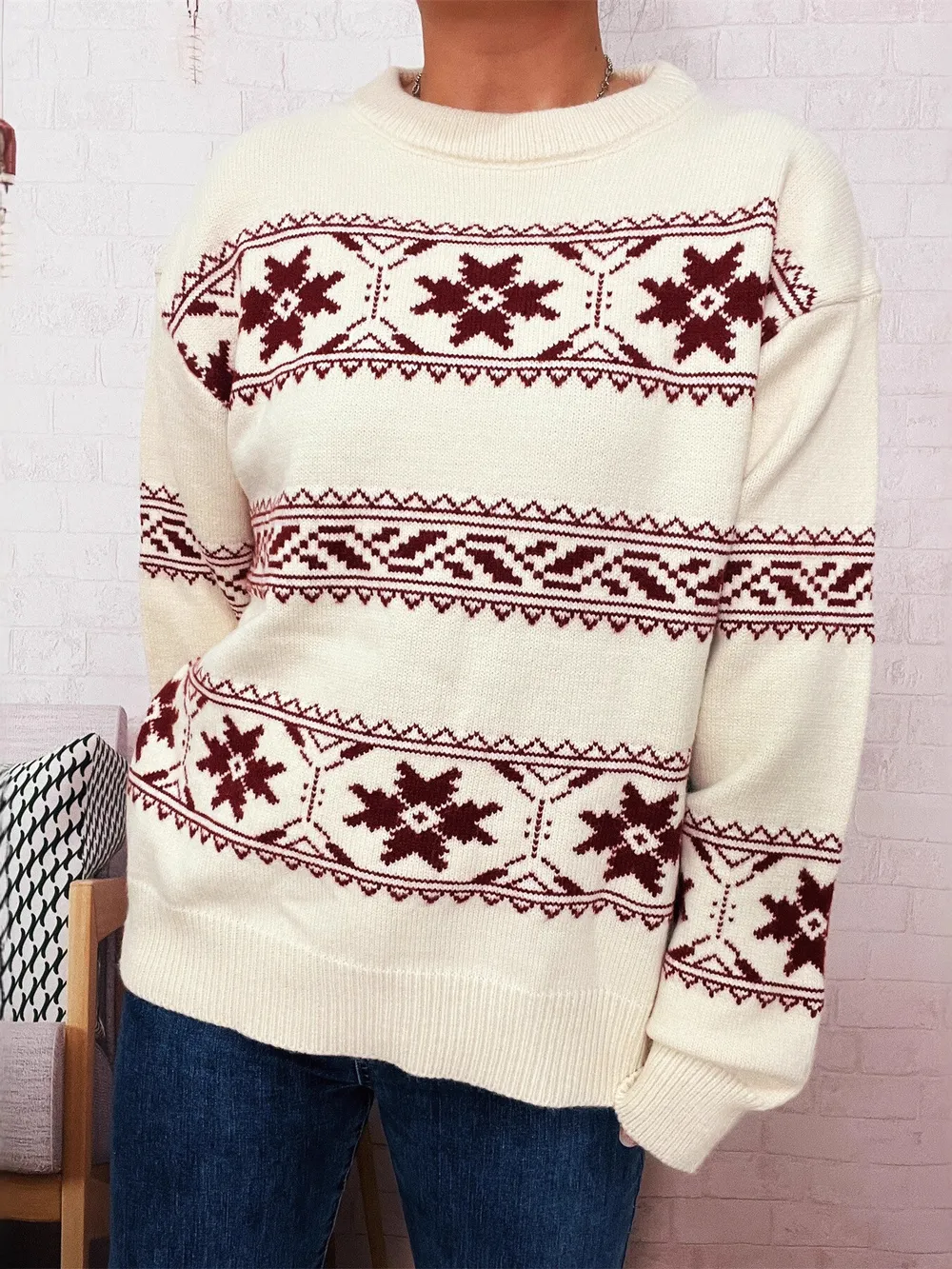 Christmas Snowflake Round Neck Sweater, image 4