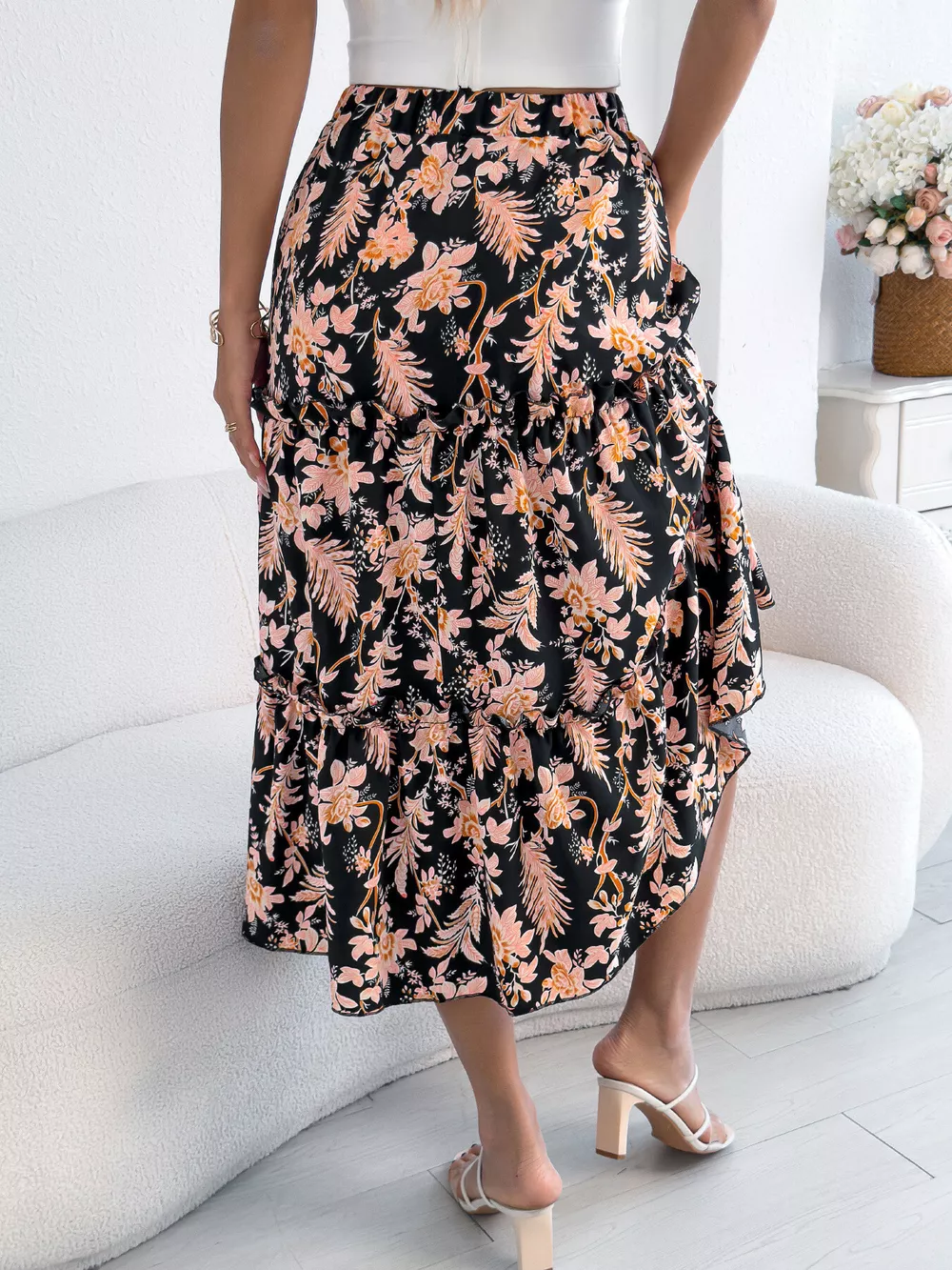 Floral Print Ruffle Hem Flowy Midi Skirt, image 10