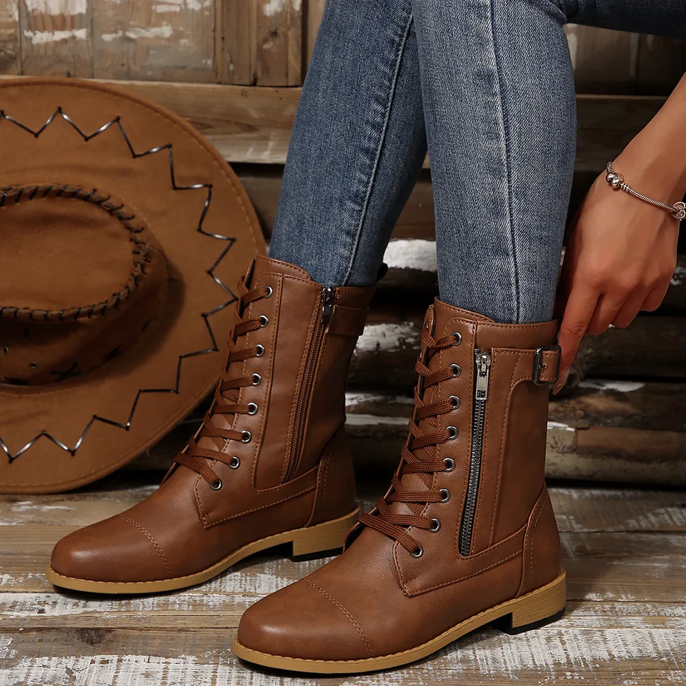 Round Toe Lace Up Block Heels Boots, image 6