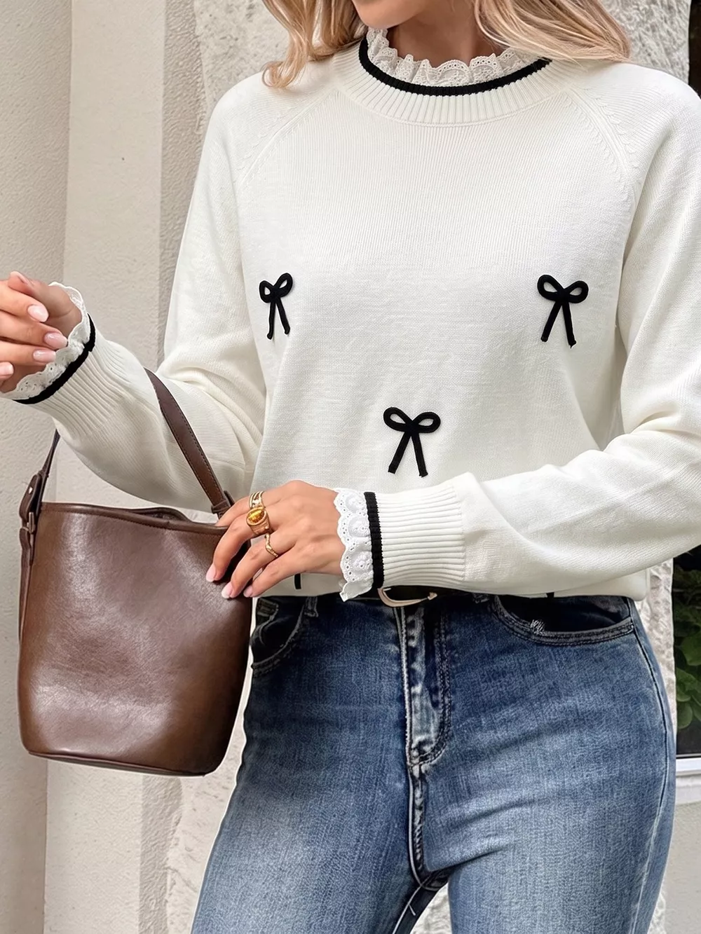 Bow-Embellished Lace Trim Sweater, image 2