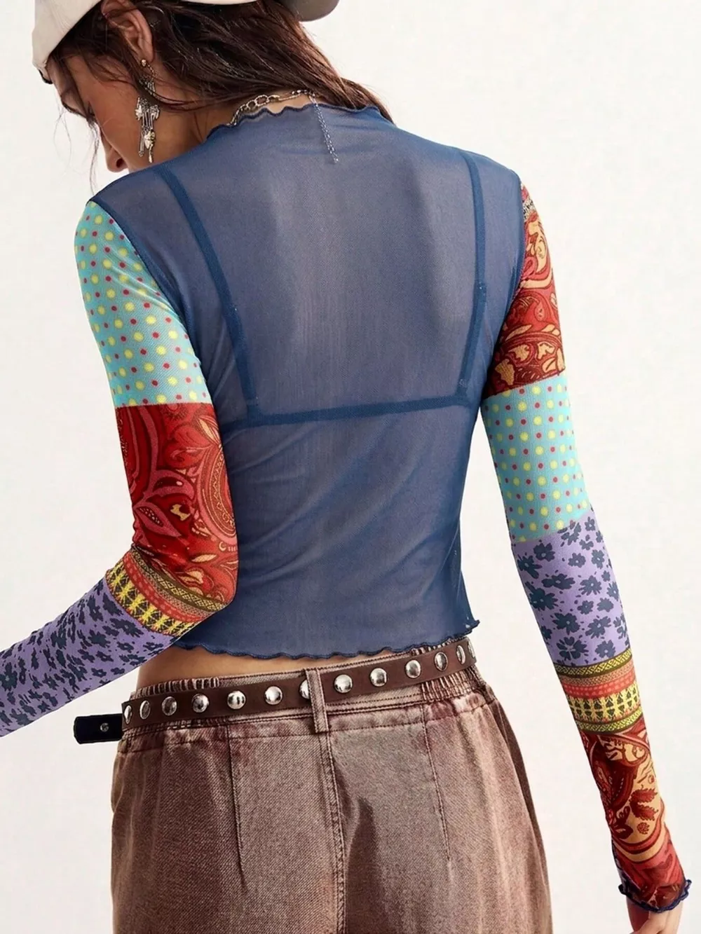 Floral Print Mesh Mock Neck Long Sleeve Top, image 12
