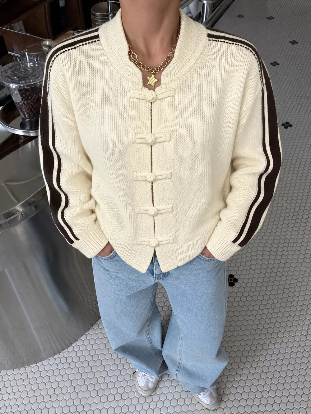 Chinese Knot Button Cardigan with Contrast Side Stripes, image 2