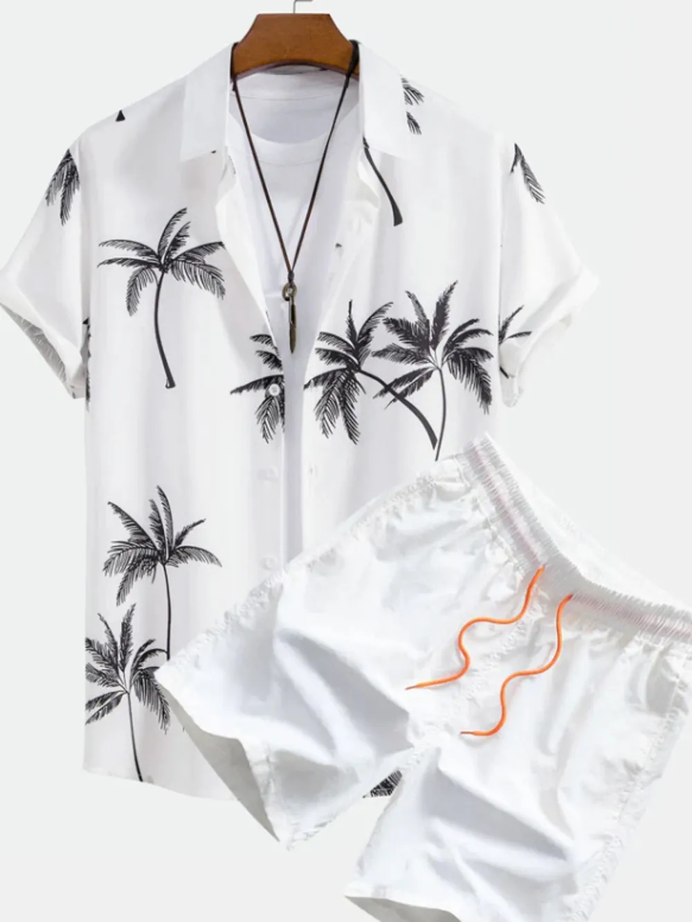 Men's Full Size Palm Tree Print Short Sleeve Shirt and Shorts Set Plus Size