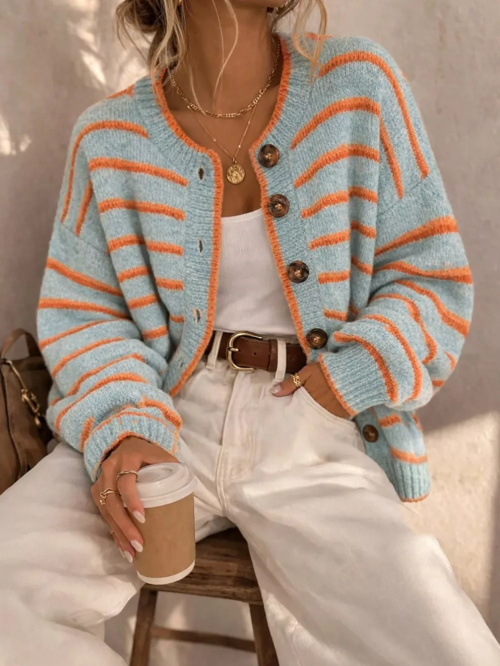 Striped Button-Down Knit Cardigan, image 3