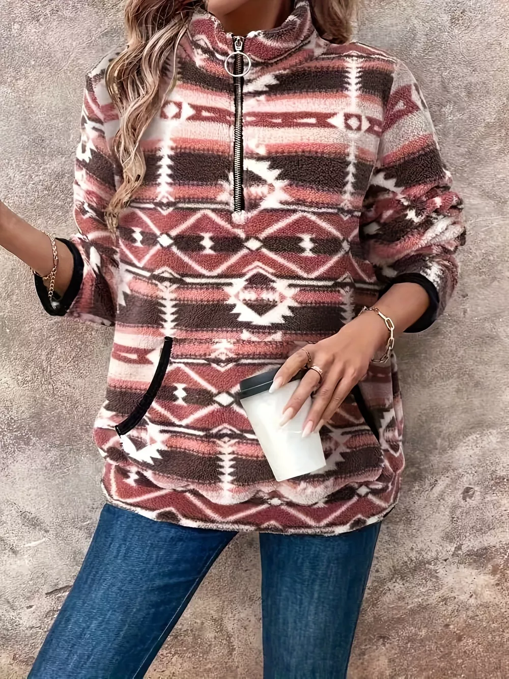 Geometric Half Zip Long Sleeve Sweatshirt, image 7