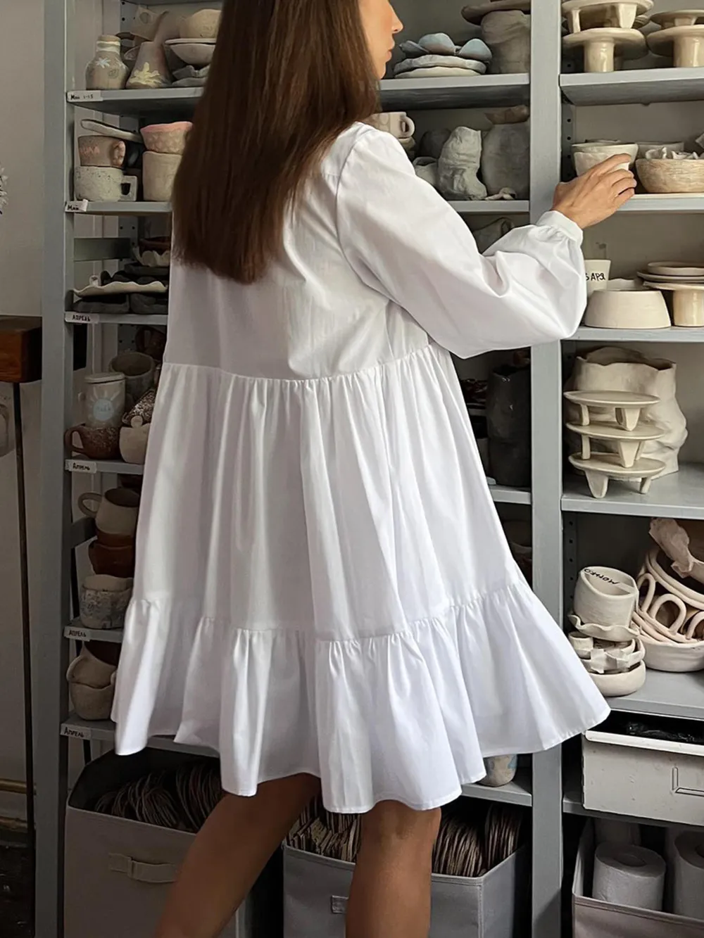 Tiered Long Sleeve Shirt Dress, image 10