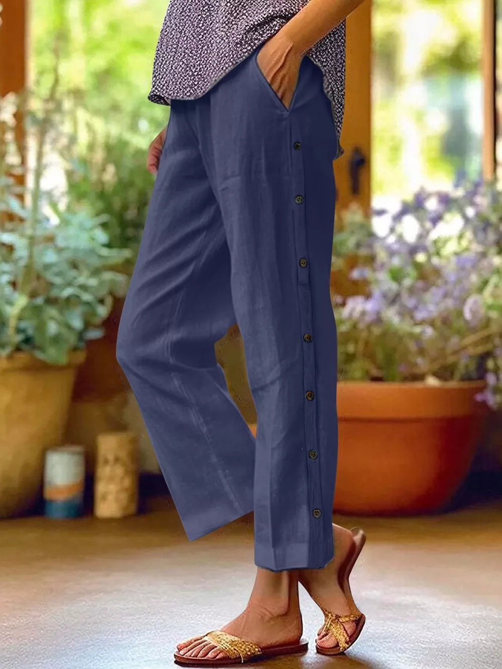 Full Size Side Button Decor Pants Plus Size, image 15