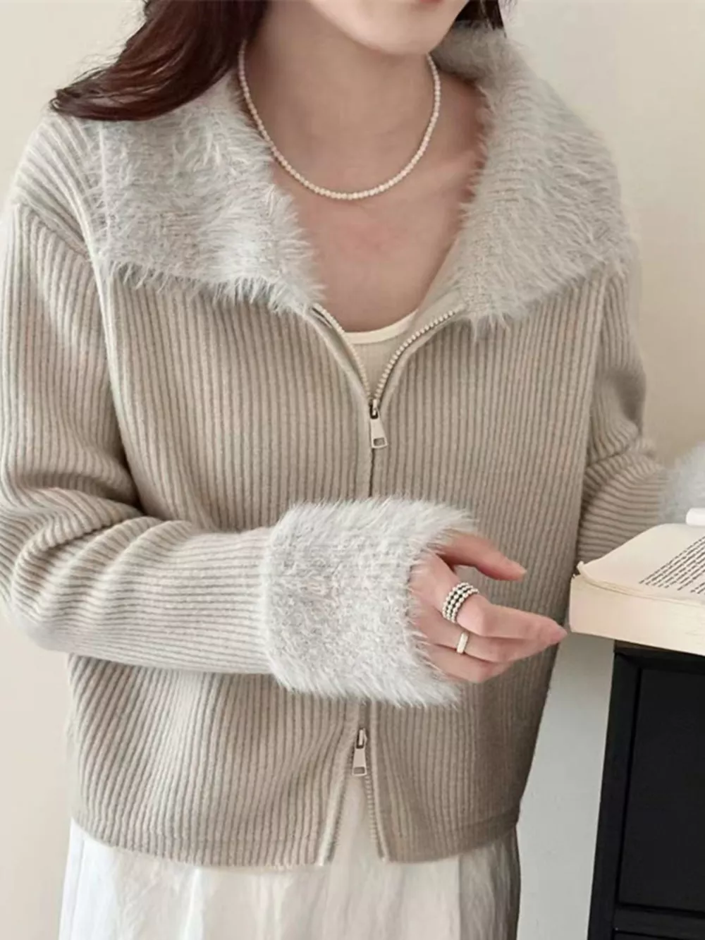 Fluffy Trim Zip-Up Cardigan, image 15