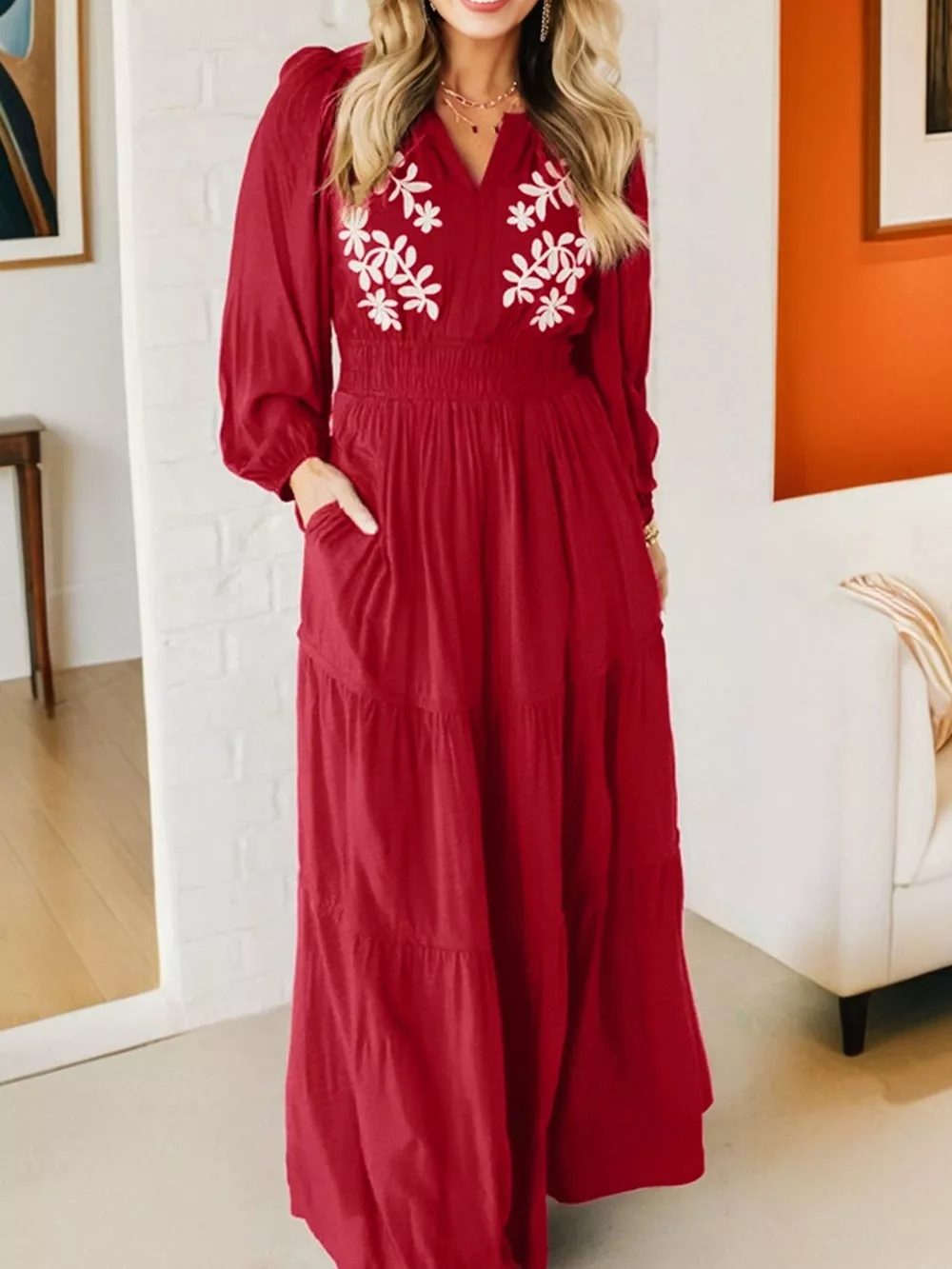 Contrast Embroidered Detail Cinched Waist Tiered Long Sleeve Maxi Dress, image 4
