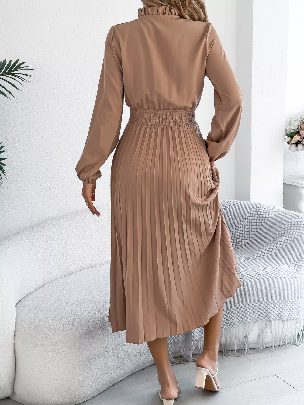 Smocked Pleated Tie Neck Dress, image 11