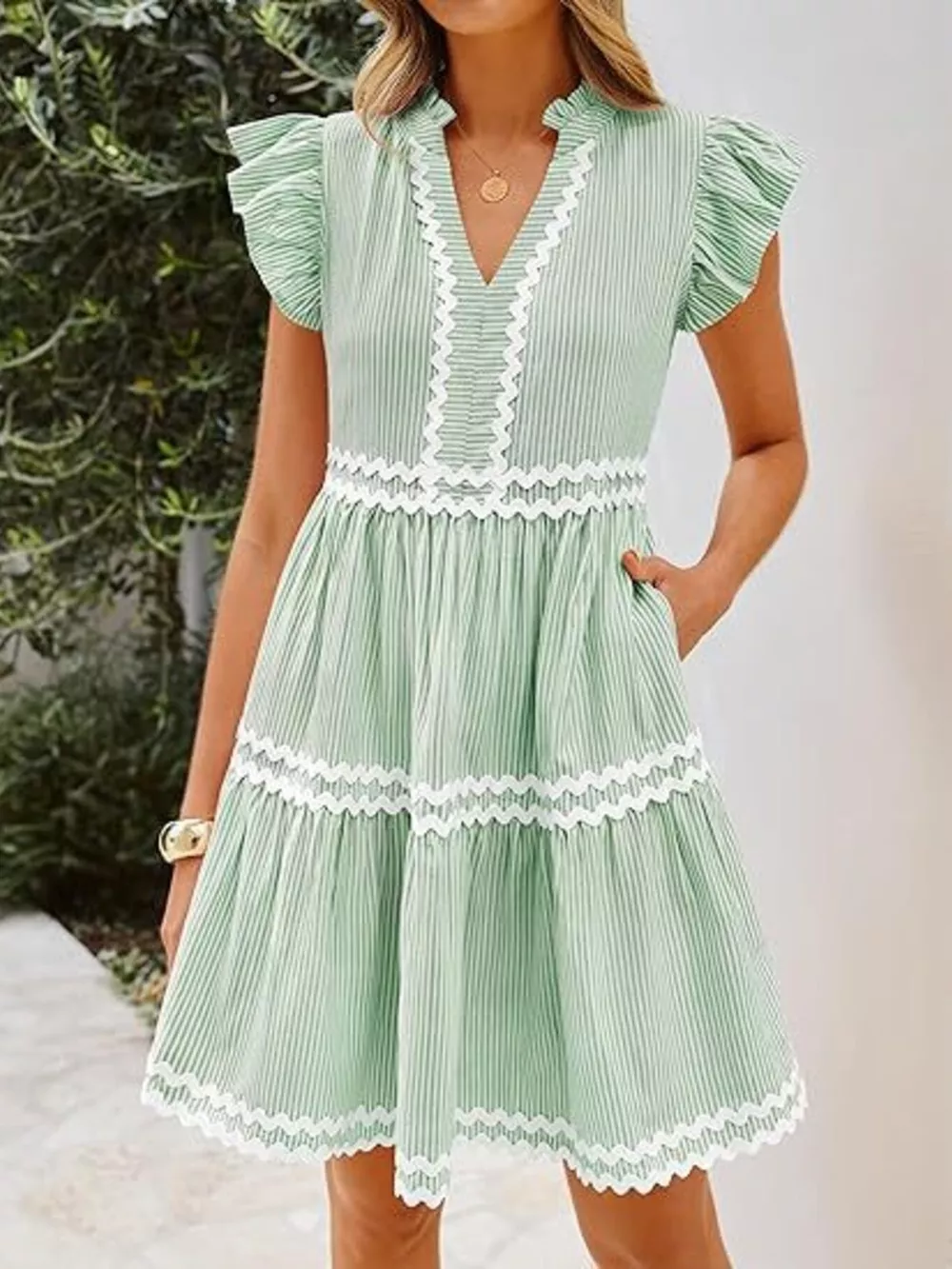 Striped Ruffle Sleeve Tiered Dress, image 9