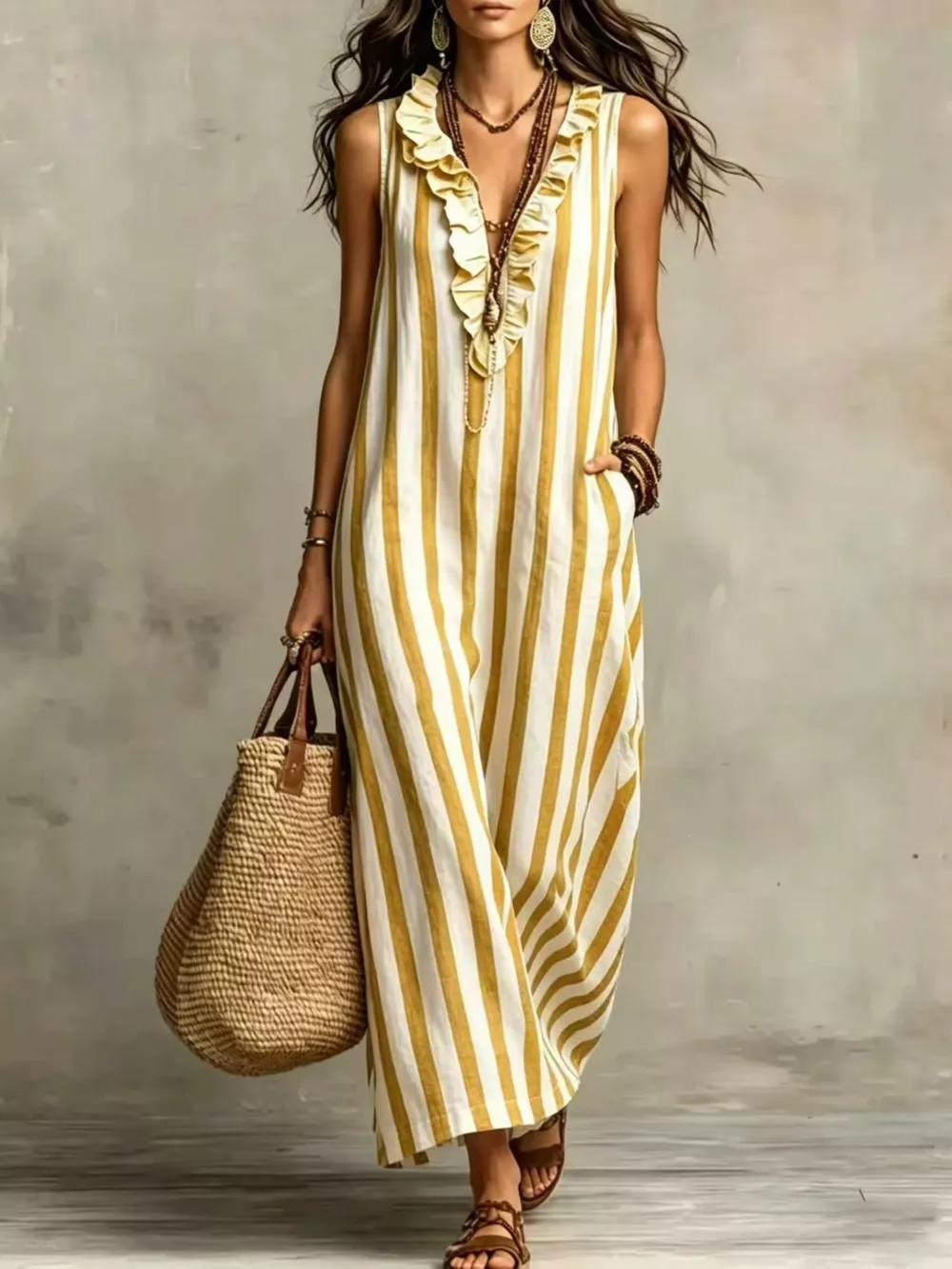 Full Size Sleeveless Striped Ruffle V-Neck Maxi Dress Plus Size, image 7