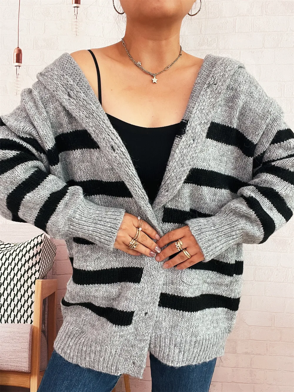 Striped Button-Up Hooded Cardigan, image 21