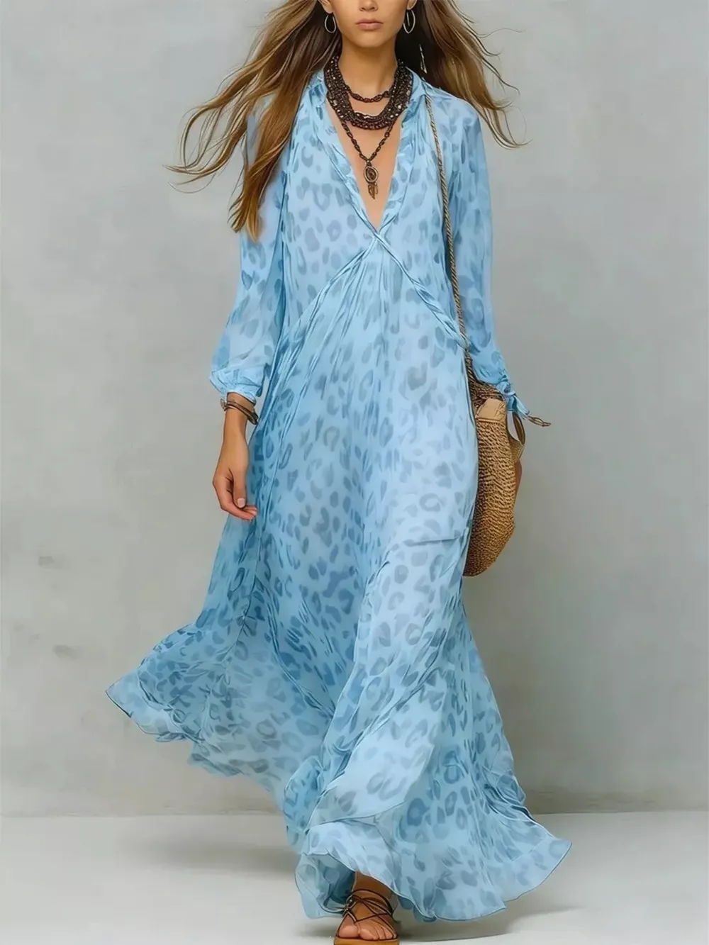 Full Size Leopard Print V-Neck Maxi Dress Plus Size, image 5
