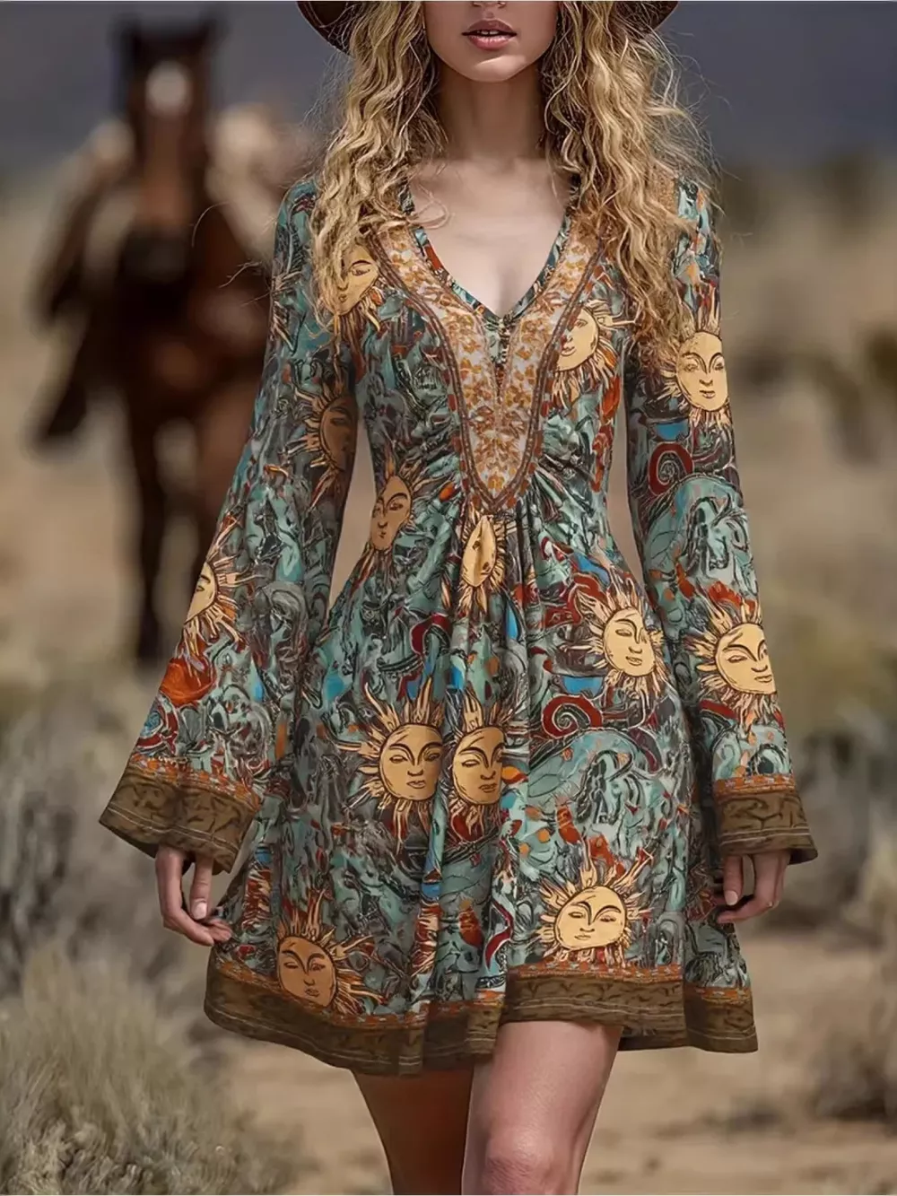 Printed V-Neck Flare Sleeve Dress, image 5