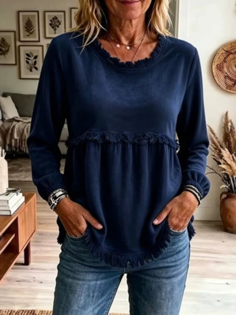 Fringed Hem Long Sleeve T-Shirt, image 19