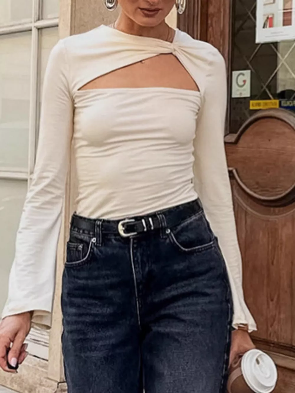 Cutout Knot Front Long Sleeve Top, image 2