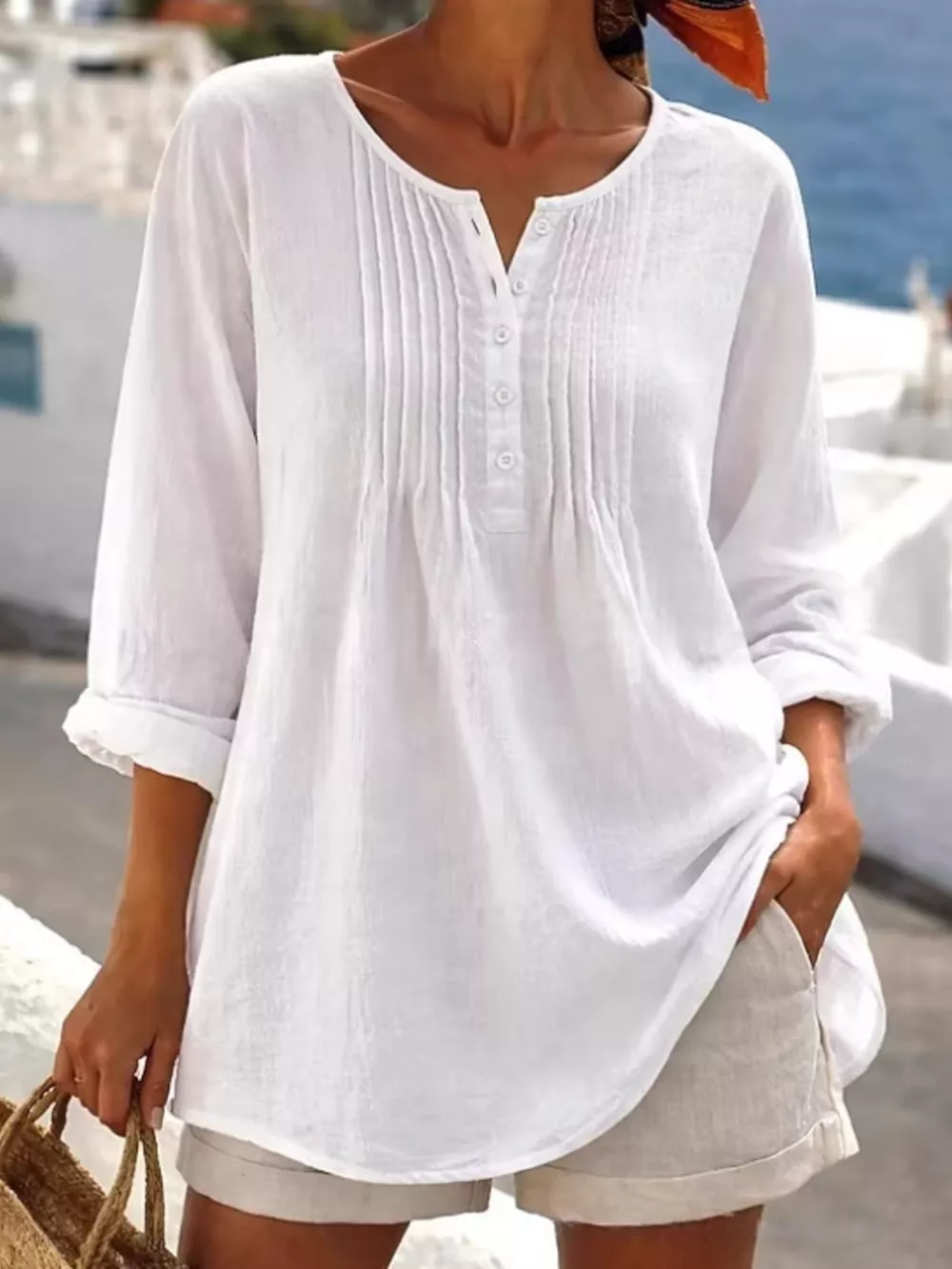 Casual Button Detail Long Sleeve Linen Shirt, image 13