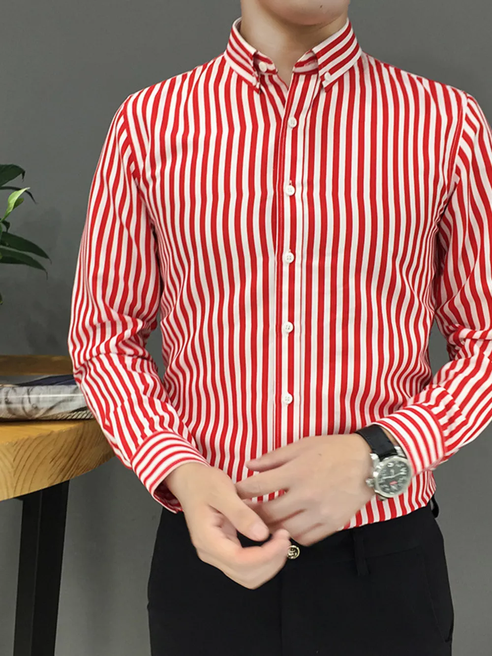 Men's Plus Size Striped Button Up Long Sleeve Shirt, image 4