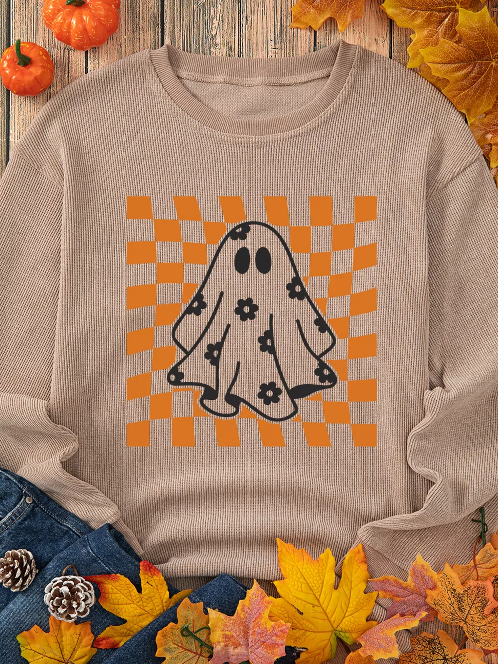 Halloween Checkerboard Floral Ghost Graphic Corded Sweatshirt, image 4