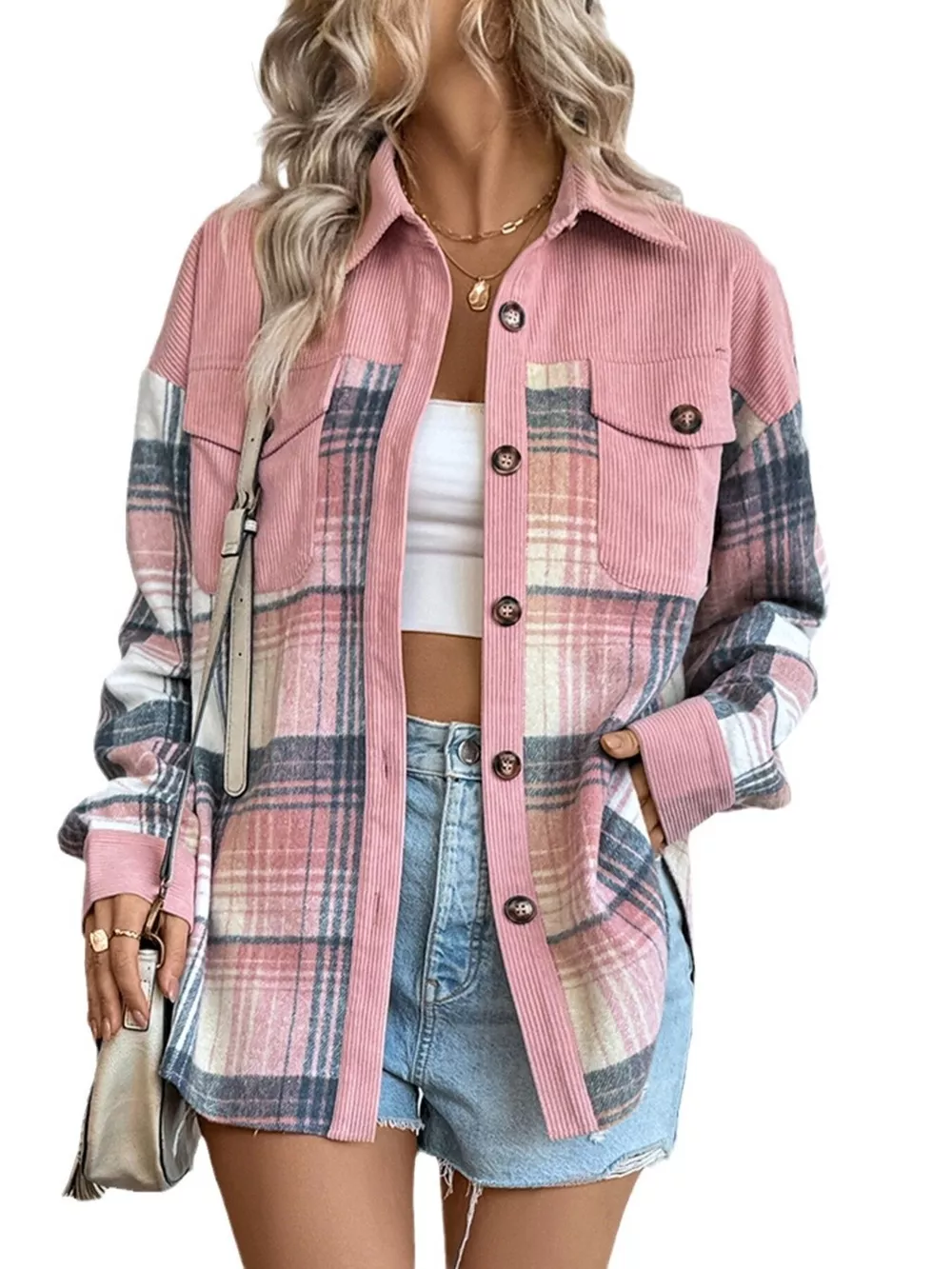 Plaid Button-Up Shacket with Chest Pockets, image 8
