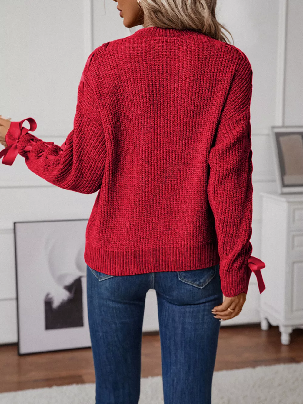 Ribbon-Tie Sleeve Round Neck Sweater, image 7
