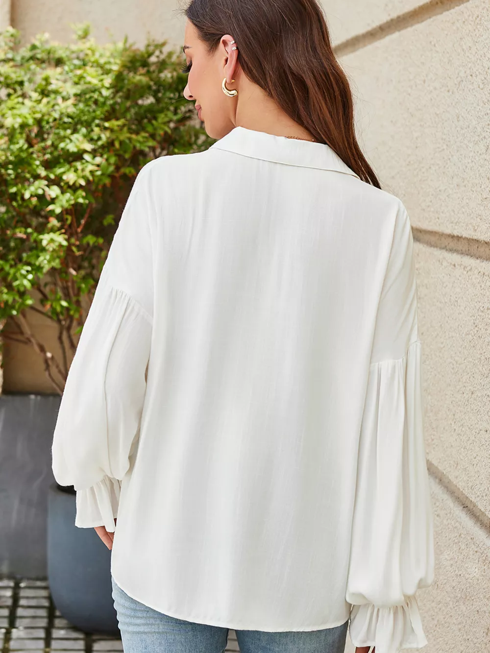 Ruffle Elastic Cuffs Puffy Long Sleeve Button Down Shirt, image 4