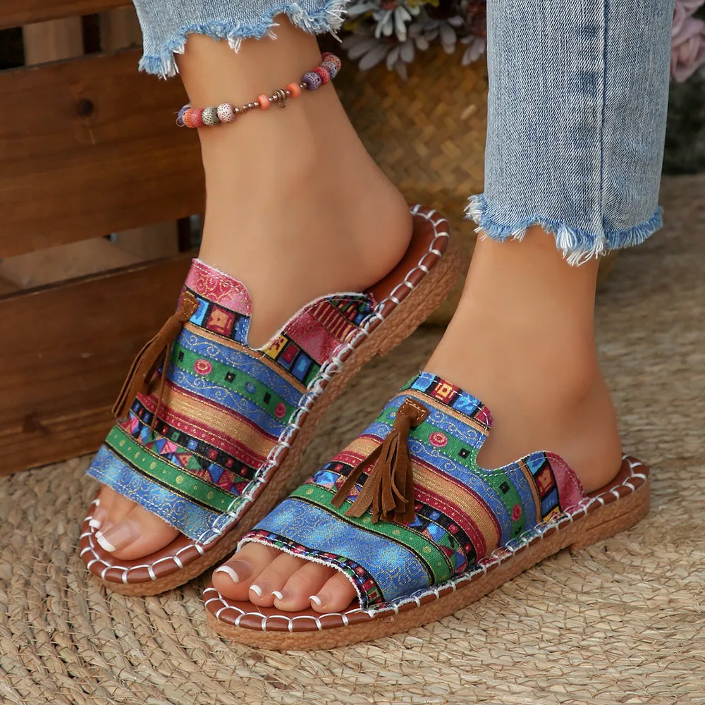 Printed Tassel Flat Sandals, image 7