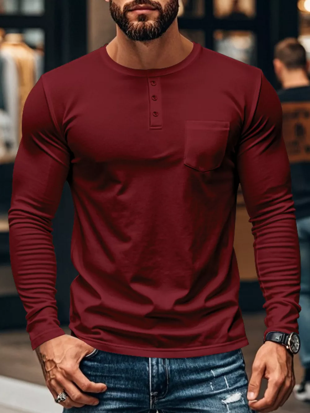 Men's Plus Size Casual Long Sleeve Henley T-Shirt with Pocket, image 9