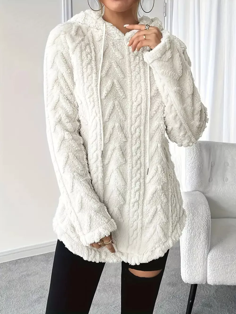 Cozy Textured Drawstring Fleece Hoodie, image 12